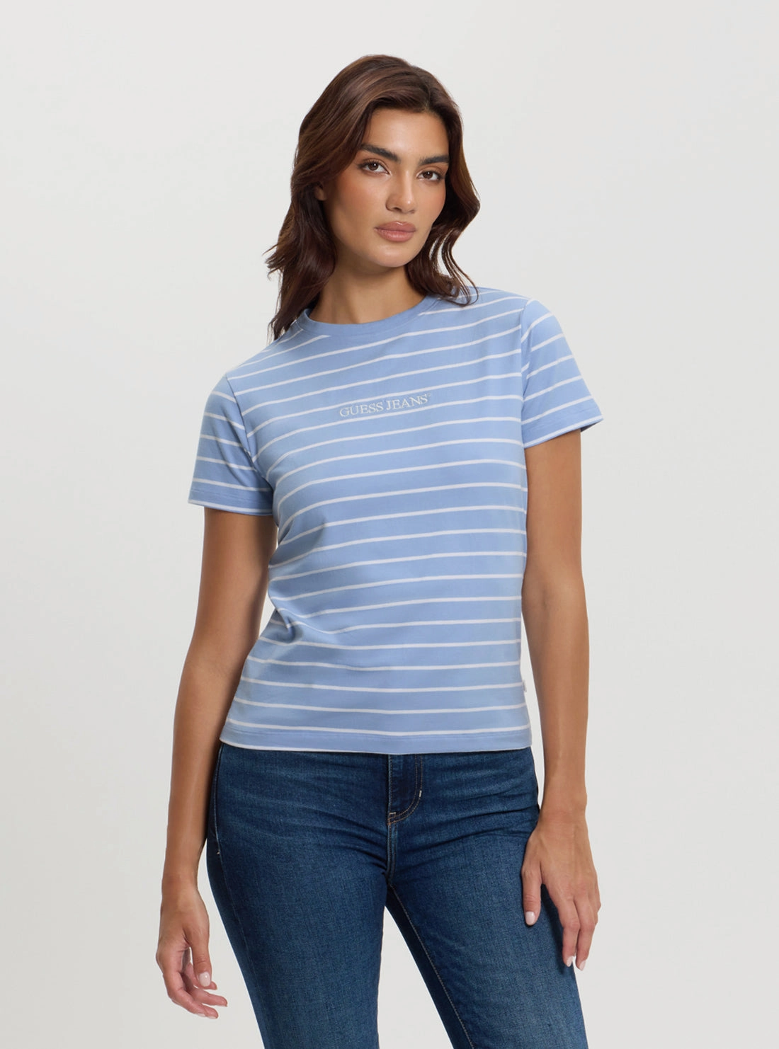 Guess Jeans Blue Striped Script T-Shirt MultiPanel Design Double Needle Hemming