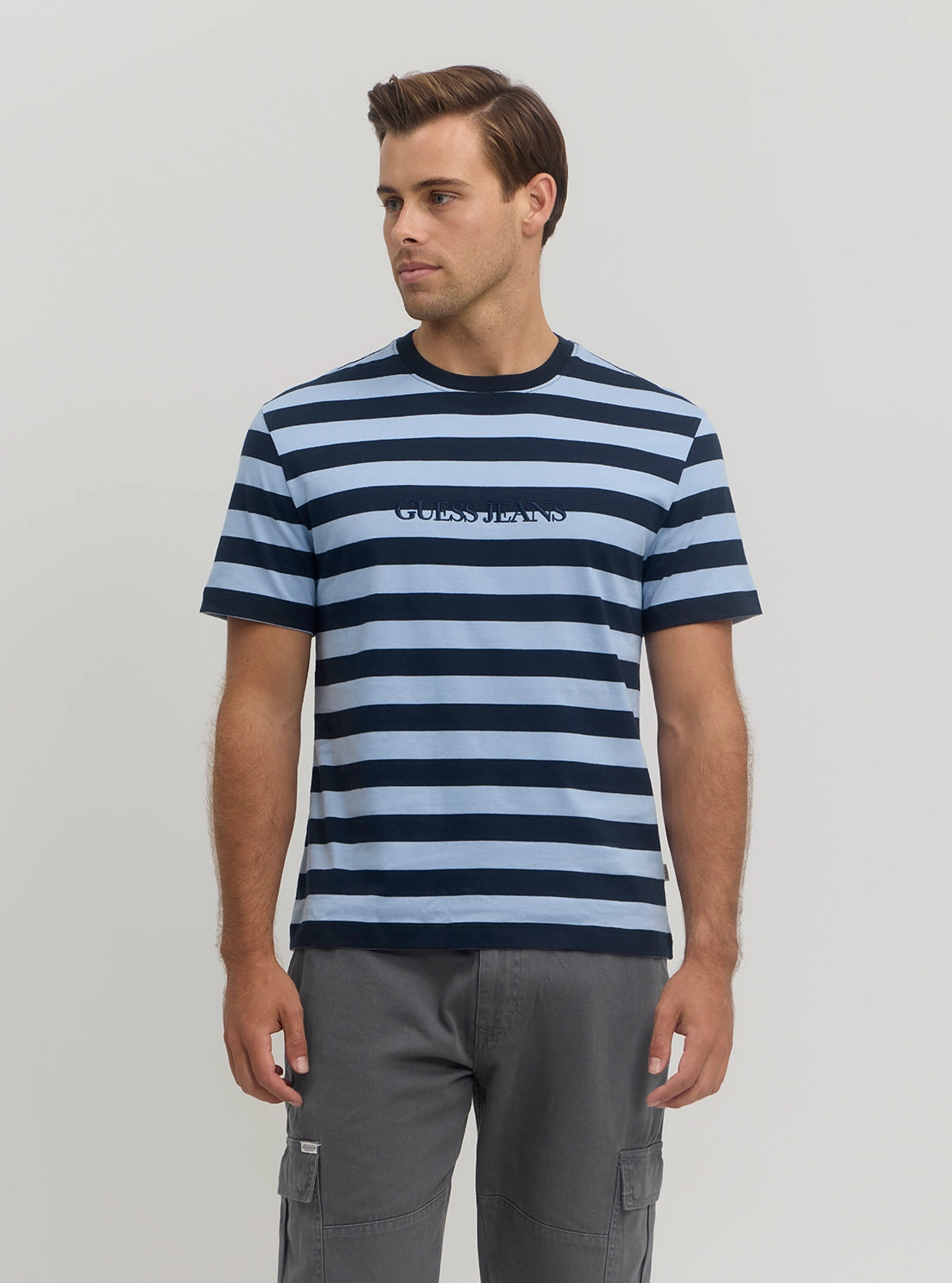 Guess Jeans Blue Striped T-Shirt Weighted Hem Smooth Zipper Integration