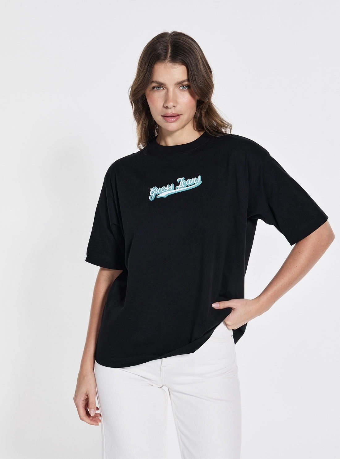 Guess Jeans Eco Black Oversized Curved Logo T-Shirt AirflowOptimized Design Multipanel Construction