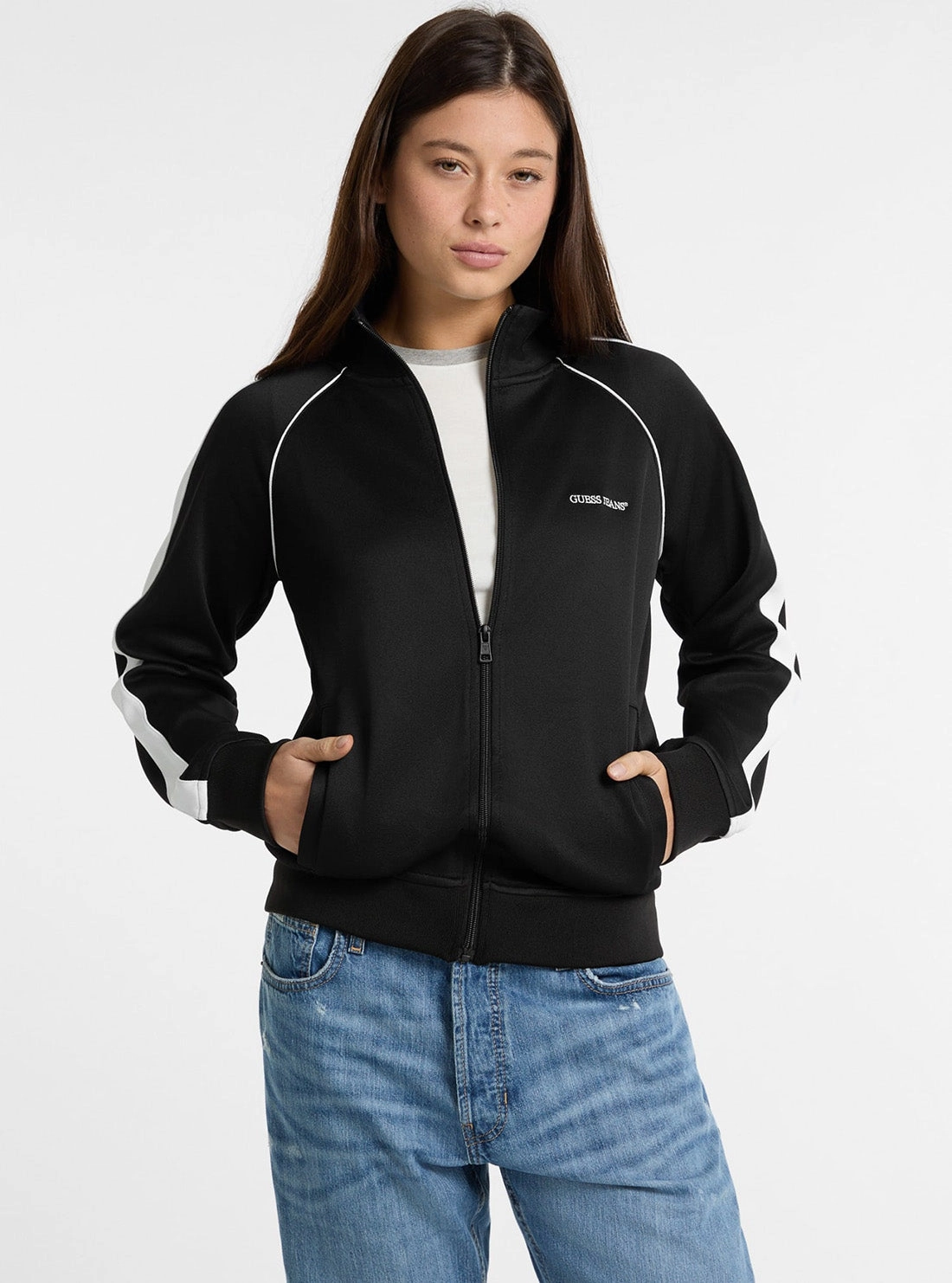 Guess Jeans Eco Black Tricot Track Jacket Taped Neckline