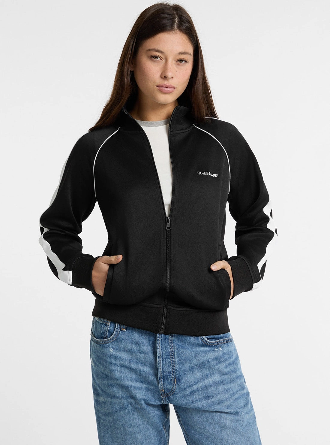 Mid Season Wear Adjustable Hemline Guess Jeans Eco Black Tricot Track Jacket