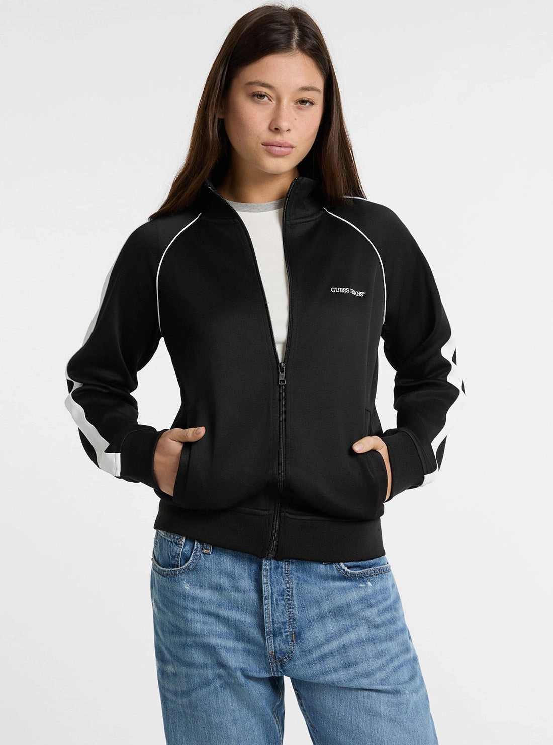 Guess Jeans Eco Black Tricot Track Jacket Casual Fit Silhouette