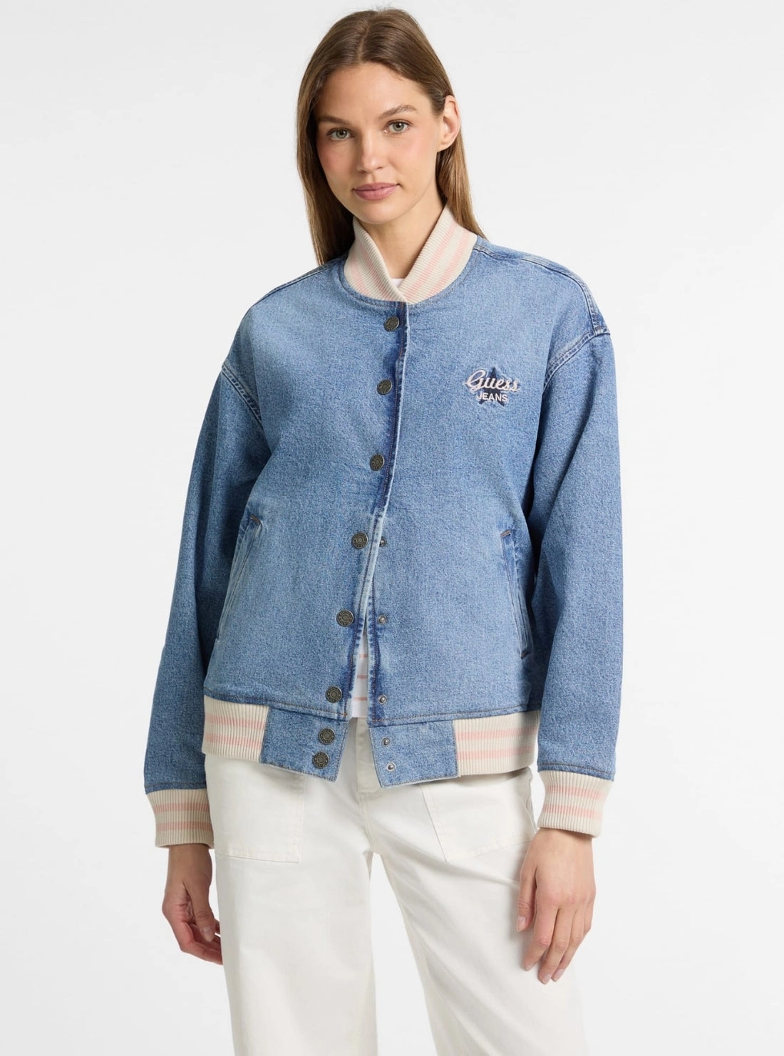 Guess Jeans Eco Blue Denim Varsity Jacket Non Irritating Collar Minimalist Design