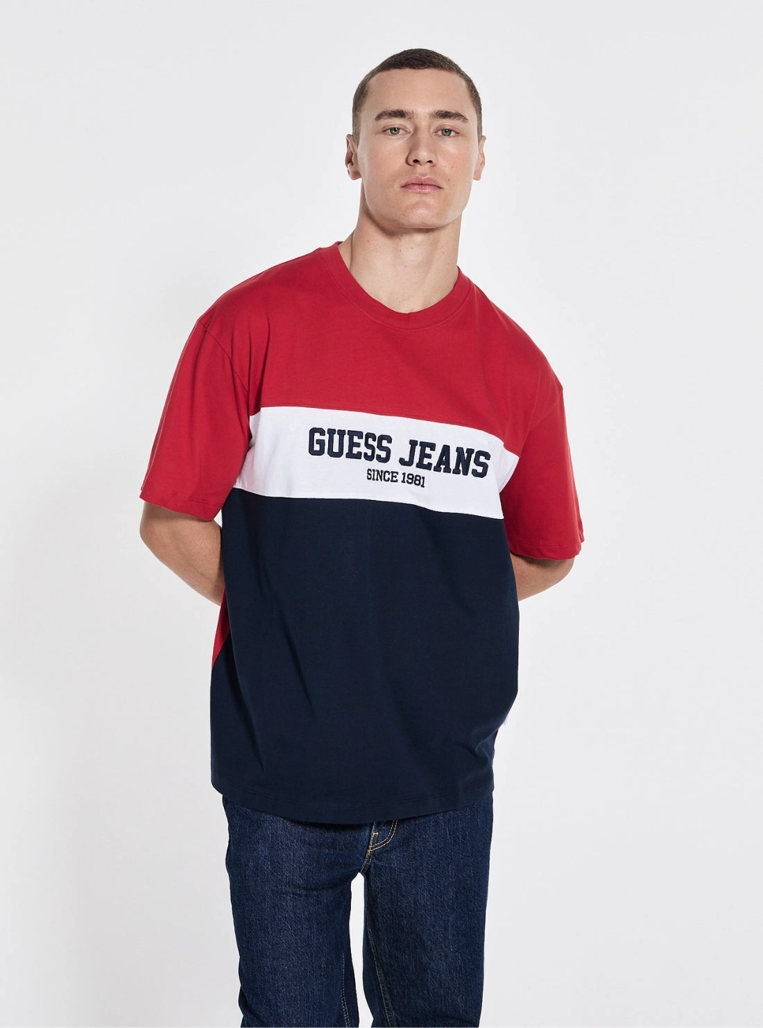 LayeredCollar Cozy Knit Guess Jeans Eco Blue Oversized Striped T-Shirt