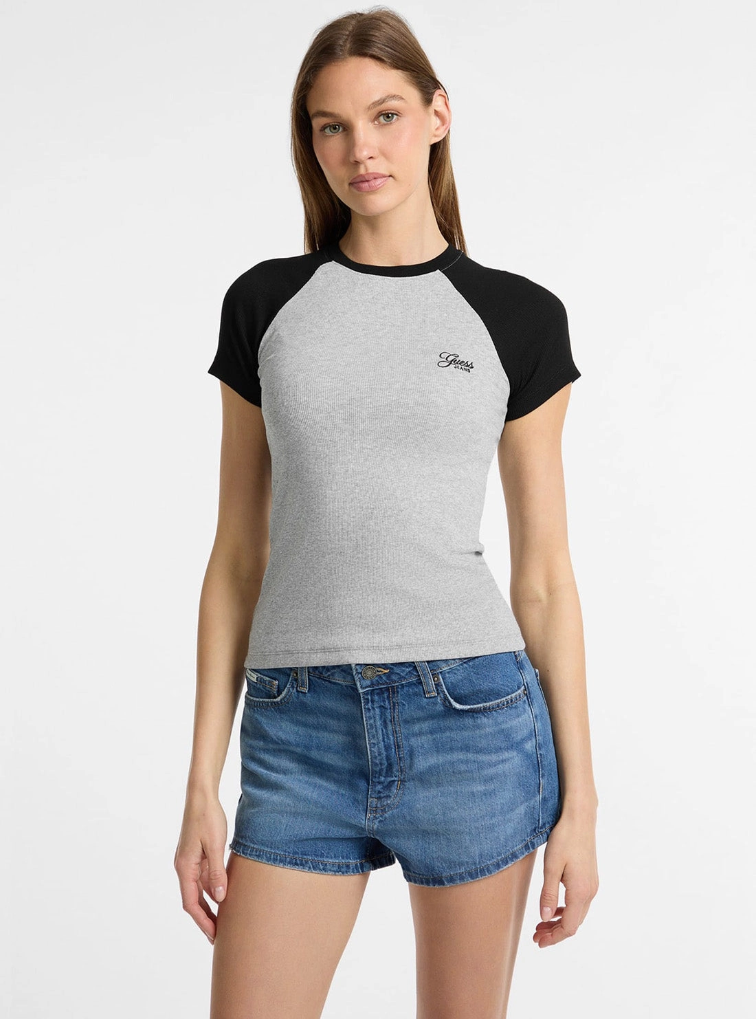 Guess Jeans Eco Grey Raglan Embroidered Slim T-Shirt Tailored Silhouette Durable Overlock Stitch