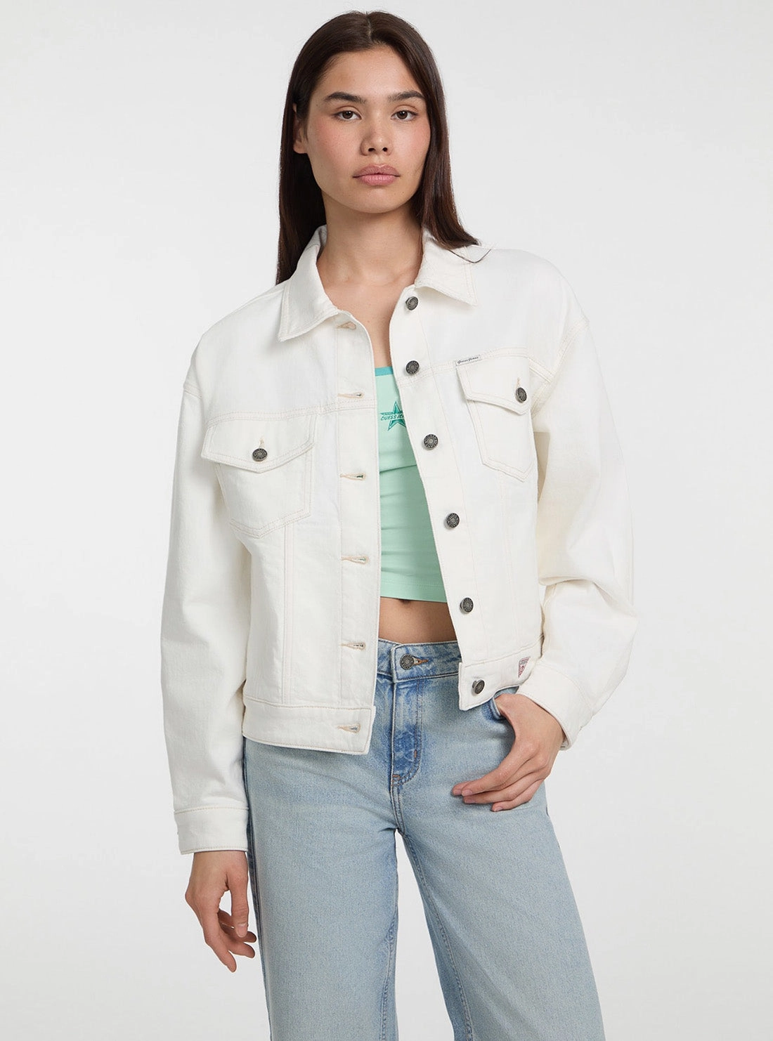 Guess Jeans Eco White Oversize Trucker Jacket MoistureWickingTechnology