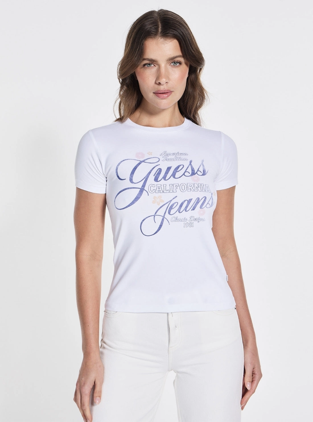 Guess Jeans Eco White Slim Flower T-Shirt RecycledPolyester Taped Neckline