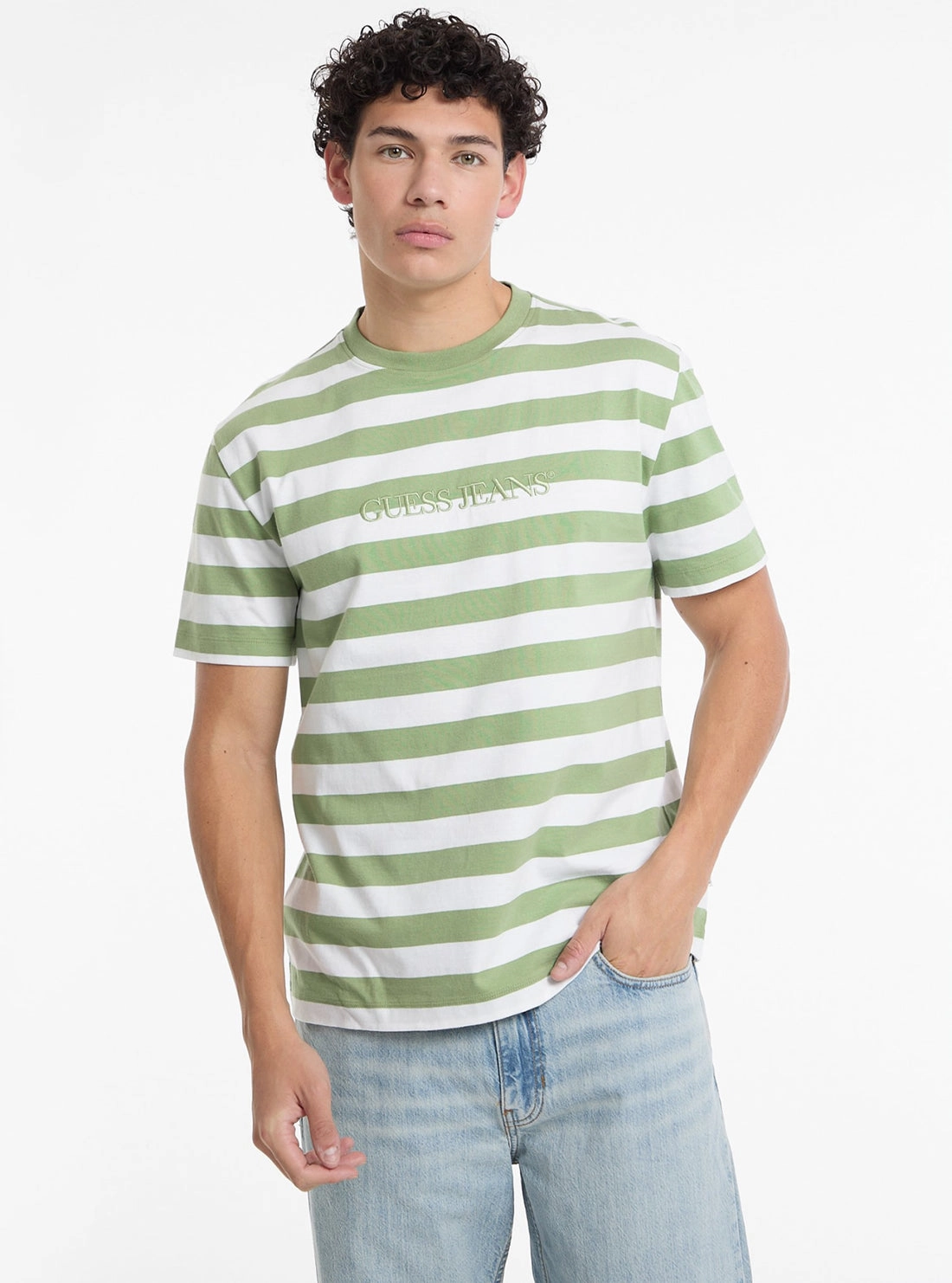 Guess Jeans Green Striped T-Shirt AllDay Comfort Design Eco Friendly Dye Process