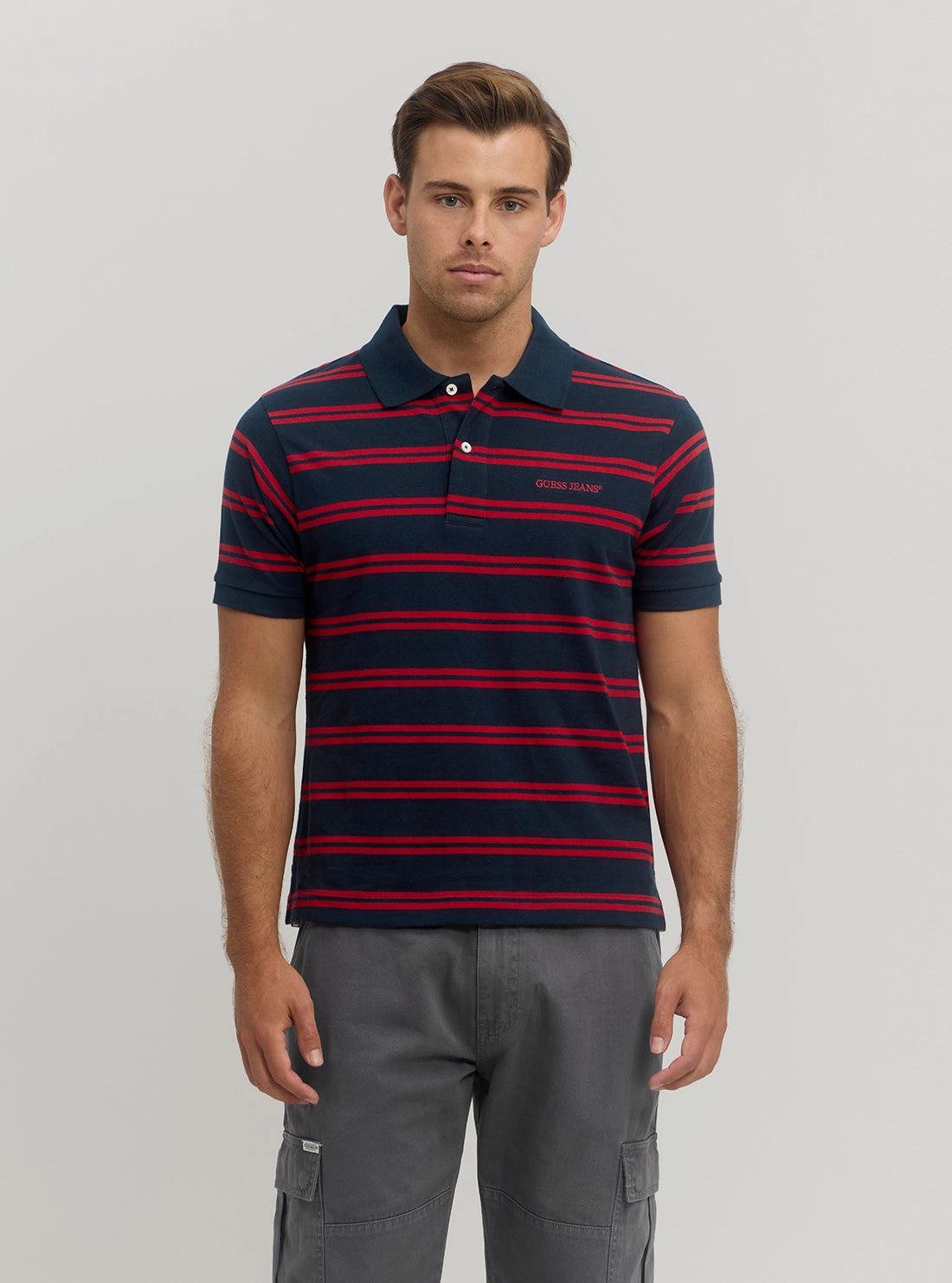 Guess Jeans Red Blue Stripes Polo T-Shirt Hidden Zipper Bonded Seam Innovation