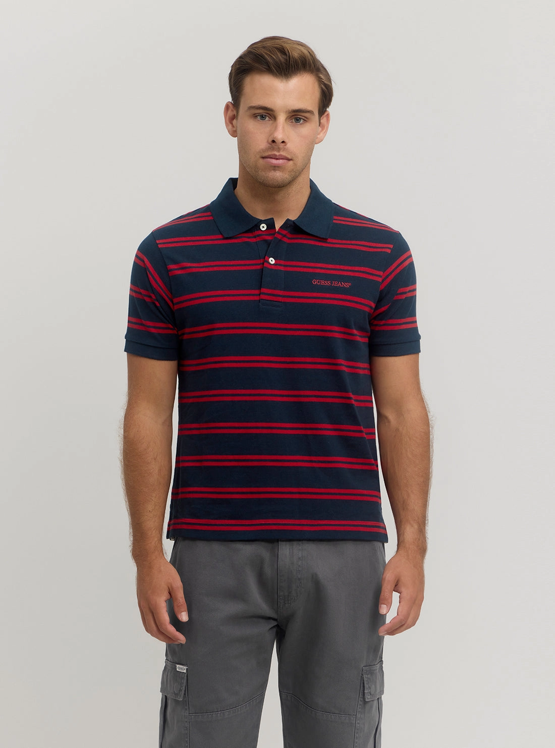 Guess Jeans Red Blue Stripes Polo T-Shirt WeightedHem