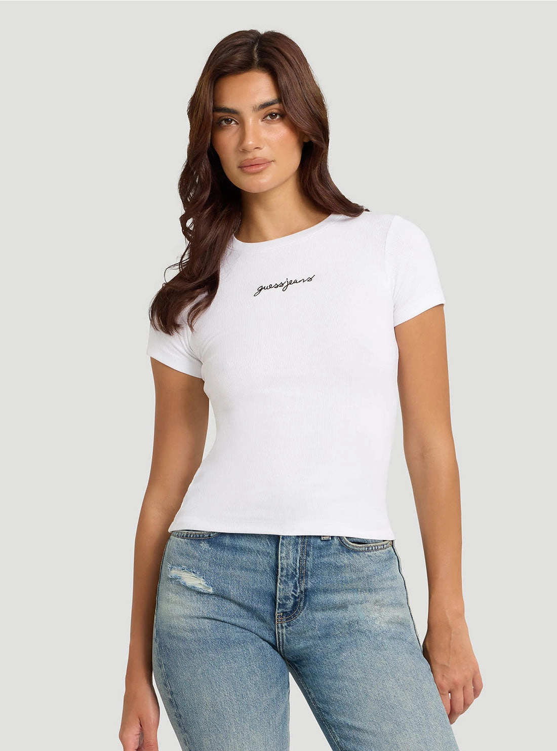 Neutral Tone Palette Guess Jeans White Embroidered T-Shirt