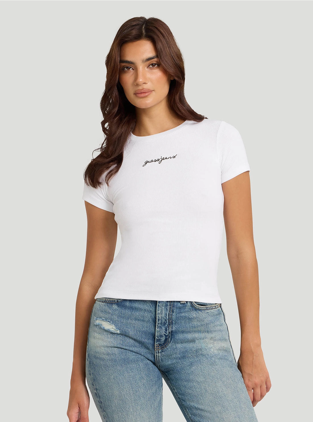 WrinkleFree Finish Guess Jeans White Embroidered T-Shirt