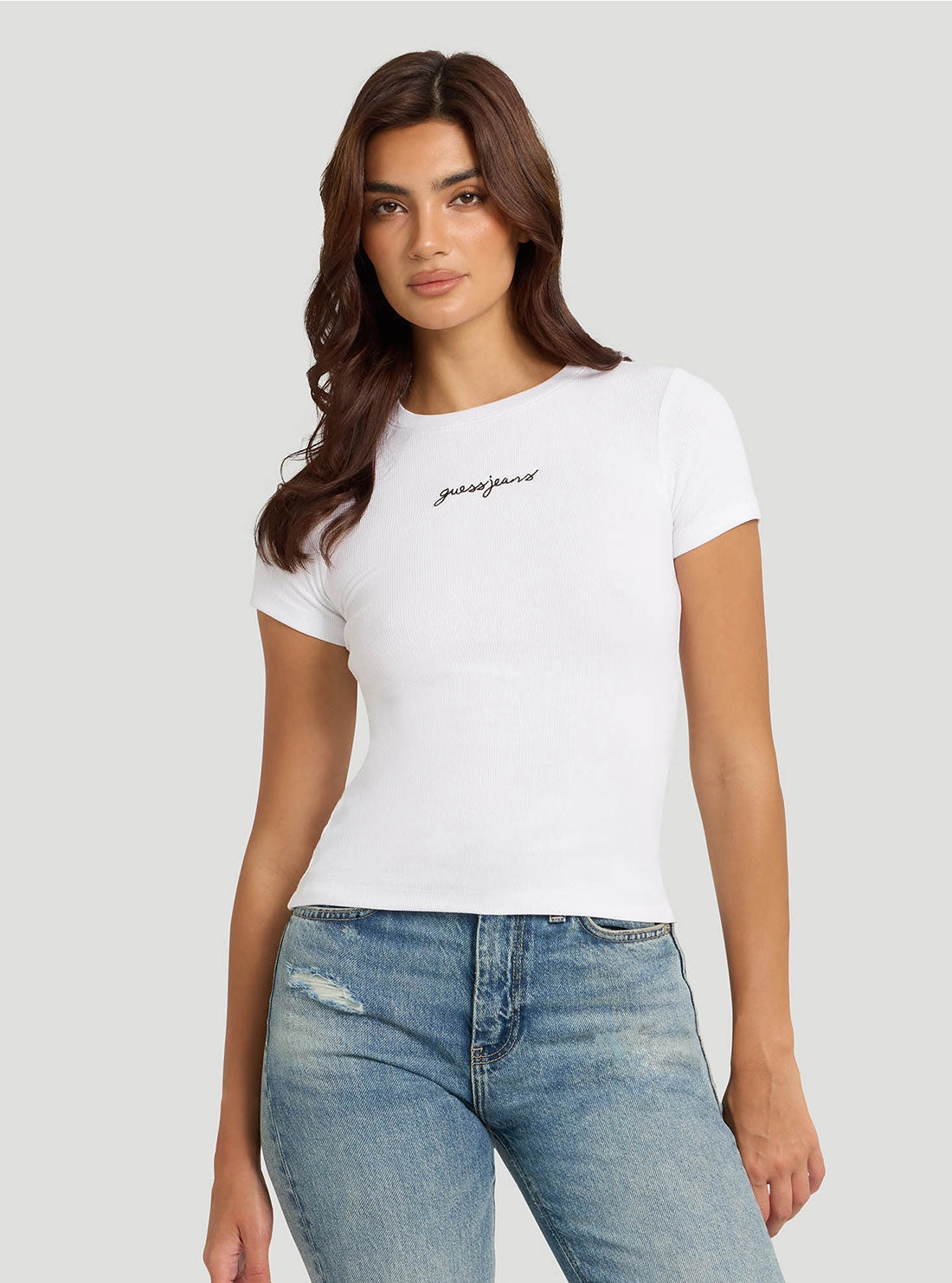 Guess Jeans White Embroidered T-Shirt VersatileLayering Eco Friendly Dye Process