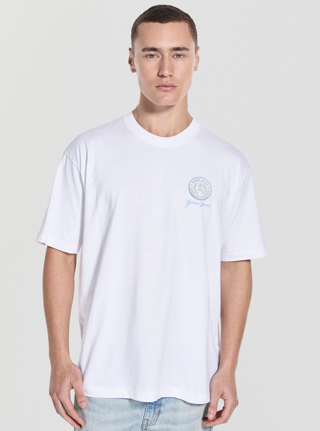 Summer Sweater Guess Jeans White Oversized Embroidery Patch T-Shirt