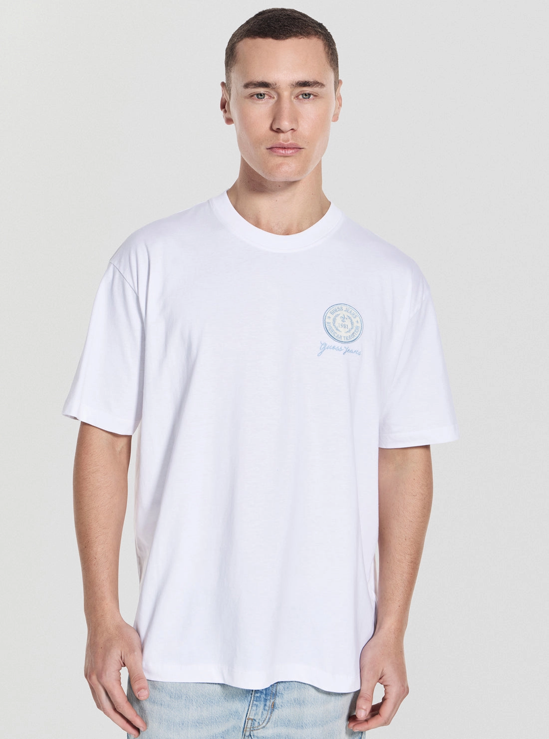 Grid Texture Fabric Guess Jeans White Oversized Embroidery Patch T-Shirt