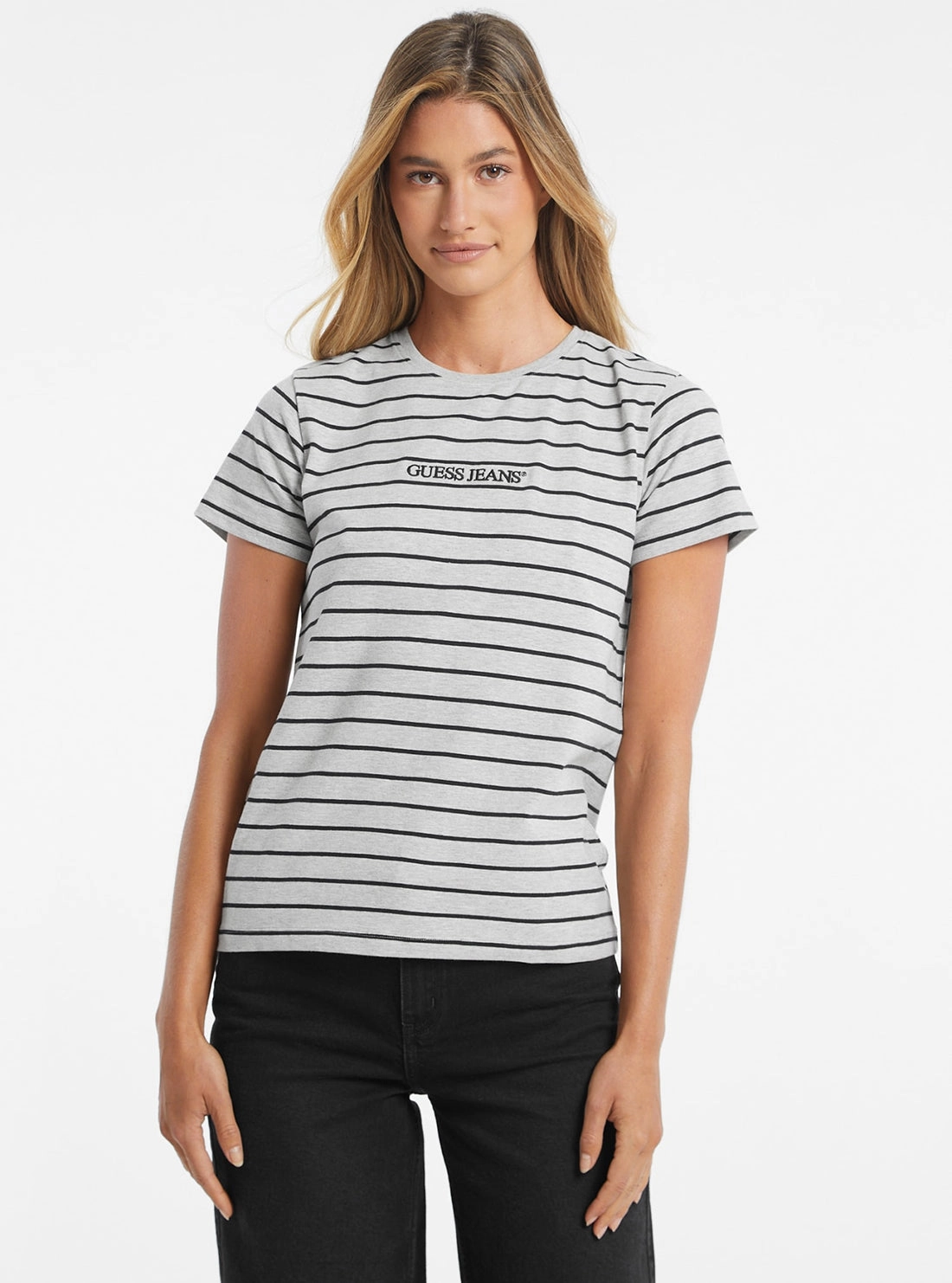 AntiStatic Material Ribbed Hemline Guess Jeans White Striped T-Shirt