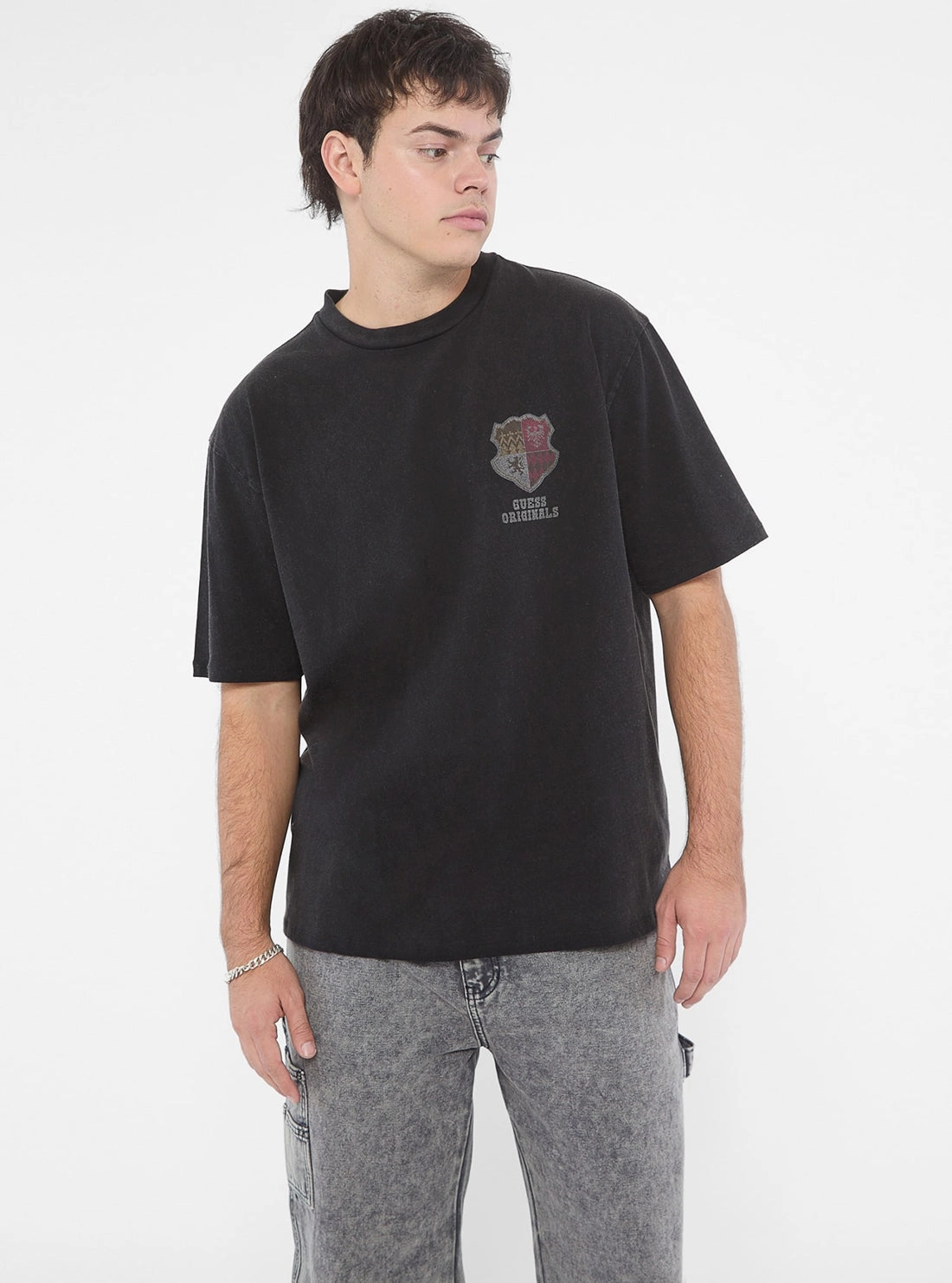 Wrinkle Free Texture Stretchable Blend Guess Originals Black Varsity Graphic T-Shirt