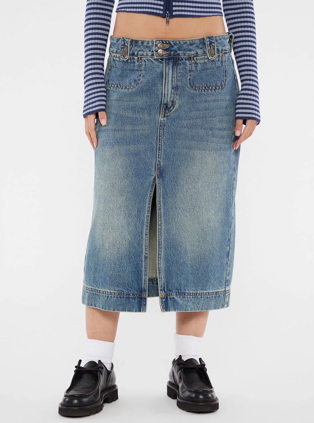 Guess Originals Blue Denim Midi Skirt Non Restrictive Cut clean look