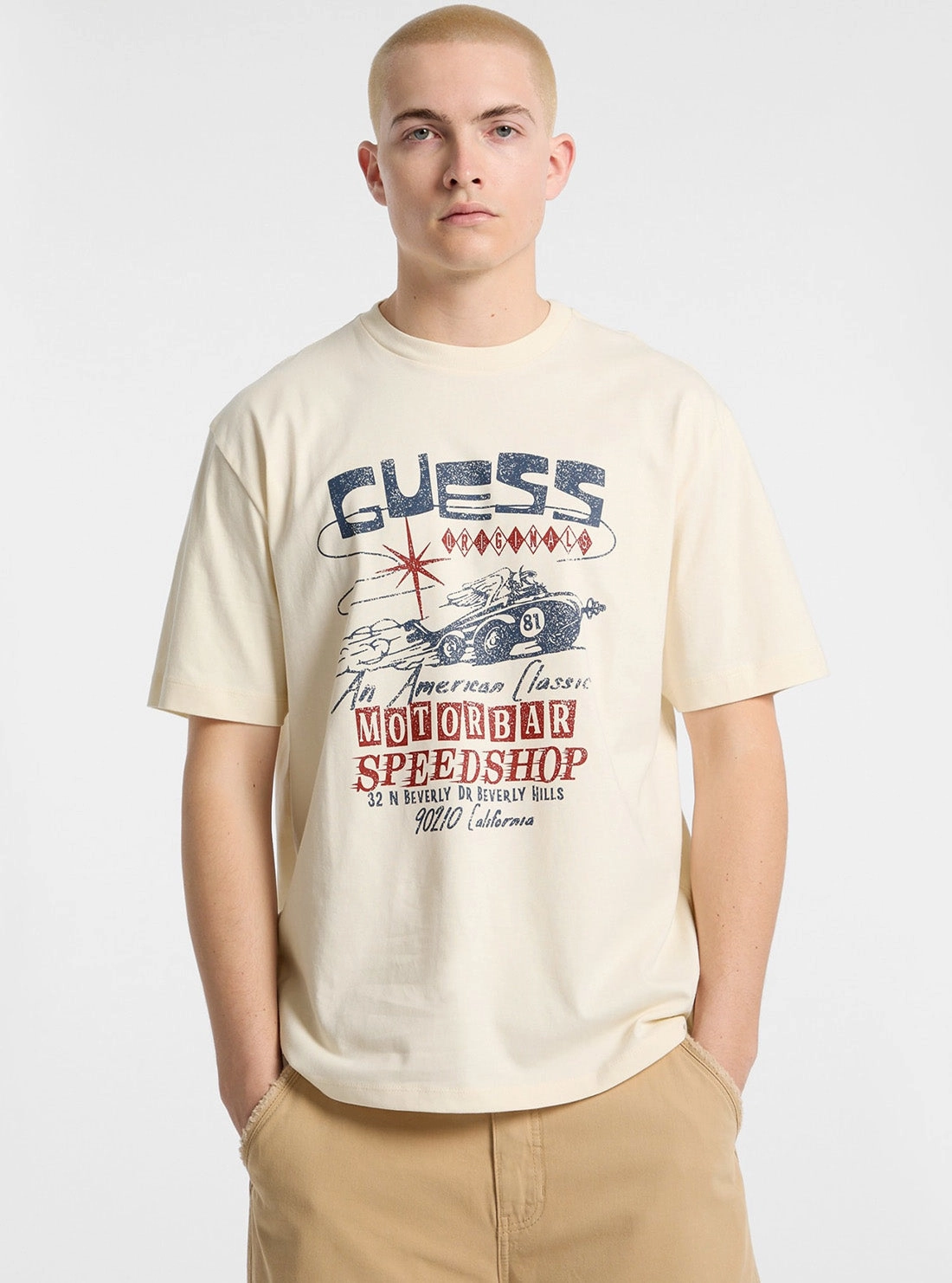 Guess Originals Eco Beige Printed Muscle T-Shirt DurableDoubleLayeredHem Self Cleaning Coating