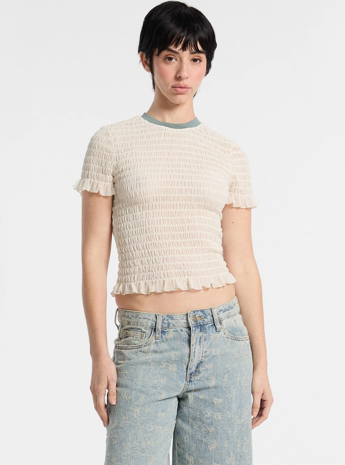 Guess Originals Eco Beige Smocked T-Shirt Reflective Safety Accents