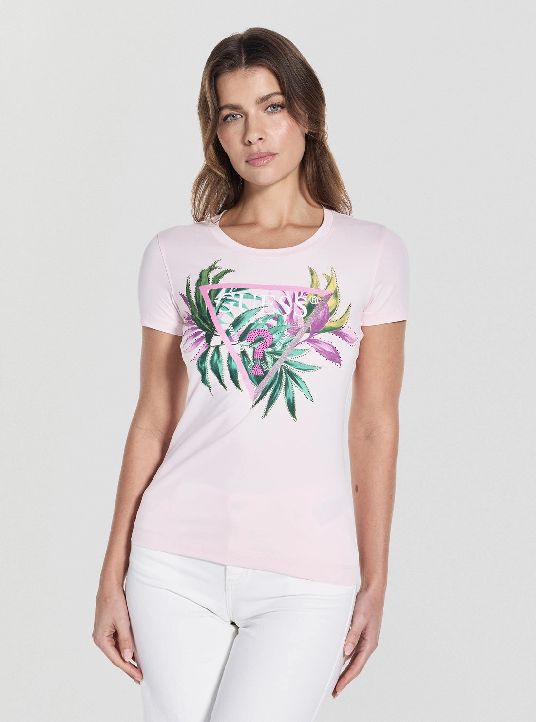 Ultra Soft Handfeel MultiPanelBreathability Eco Pink Leaf Triangle Logo T-Shirt