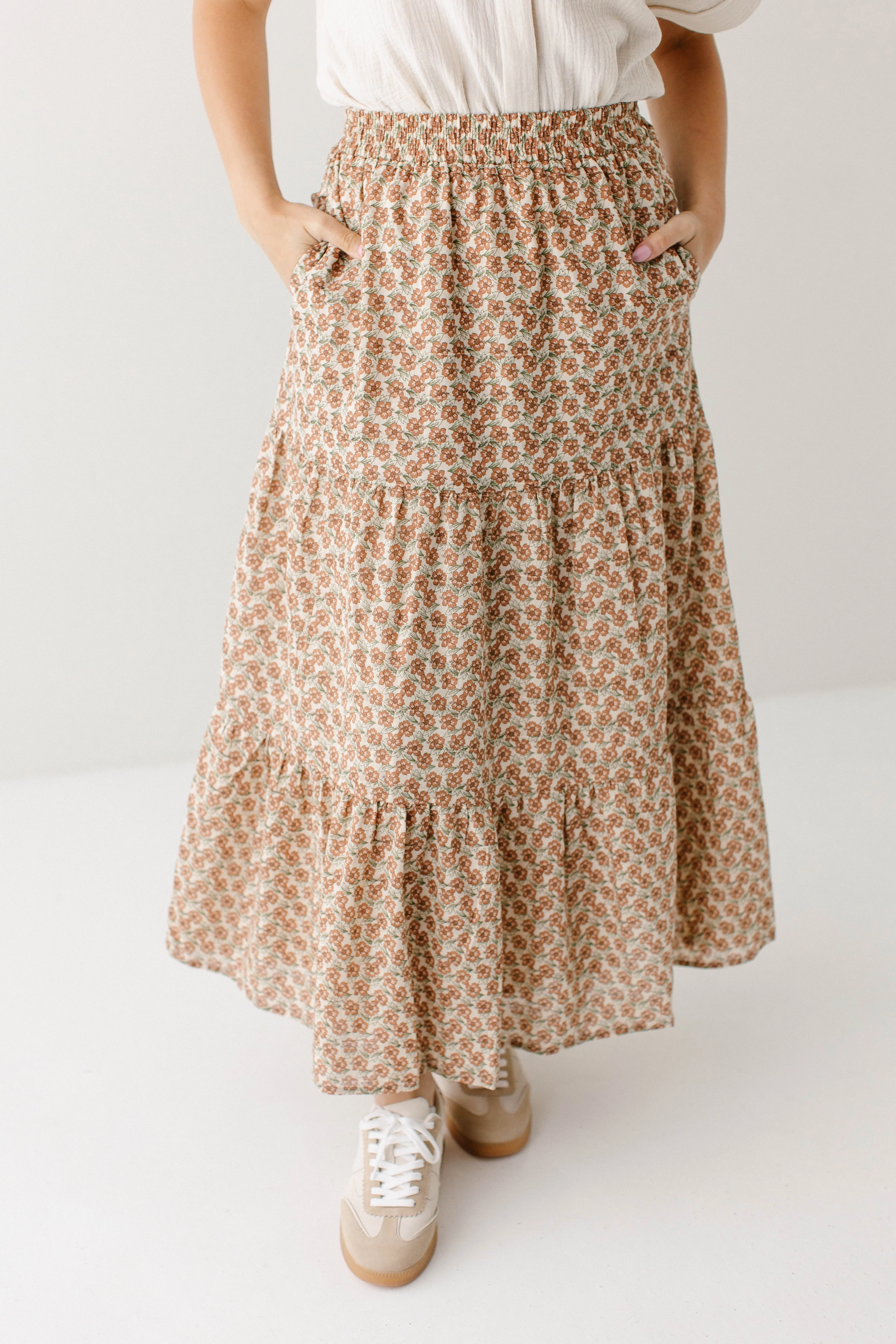 'Moana' Terracotta Floral Maxi Skirt in Beige Department Store Style Weekend Ready