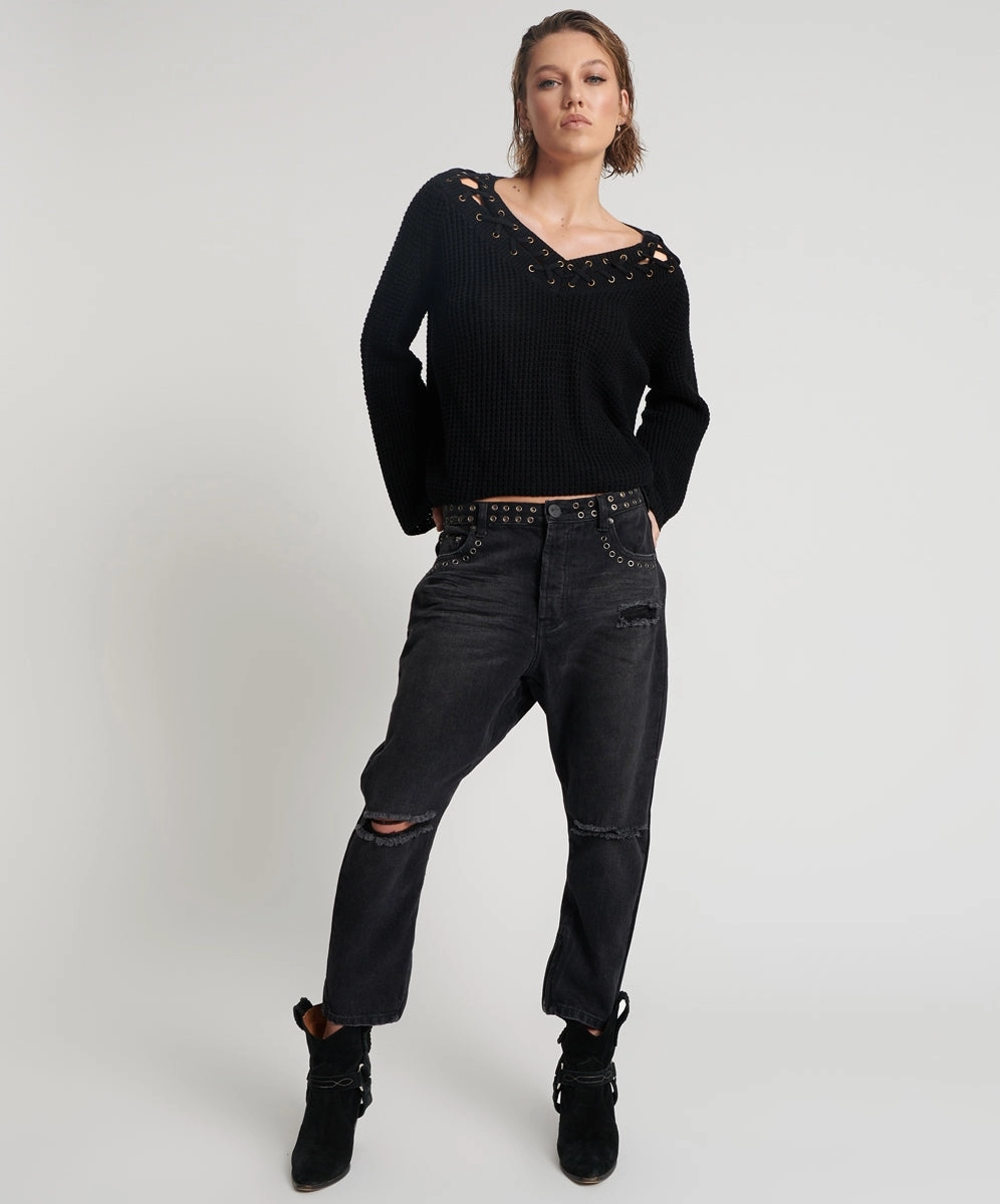 One Teaspoon Kingpins Cropped Boyfriend Jeans Black Oak Natural Stretch