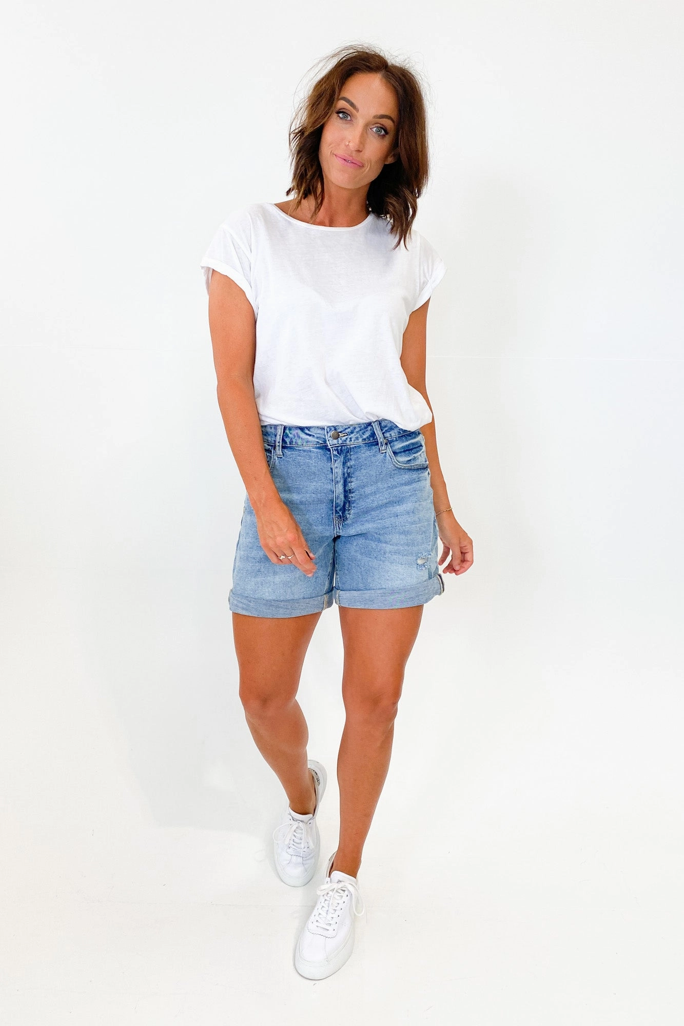 stretchy fabric Fun Prints Shine On Label Kylo Distressed Denim Short Blue