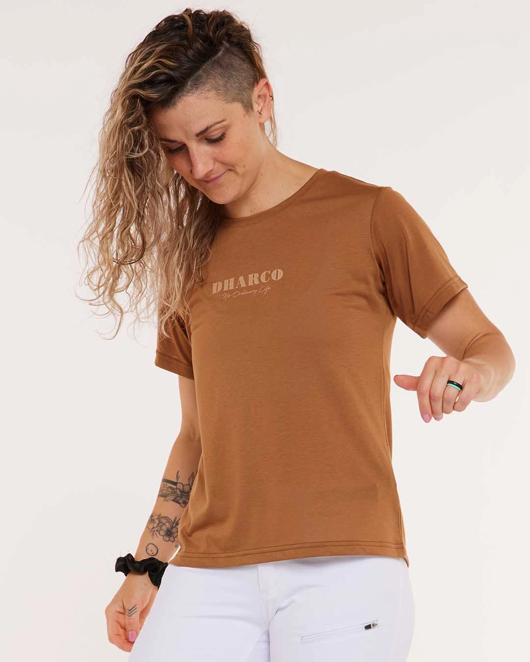 Womens Short Sleeve Tech Tee | Caramel Circular Knit Construction