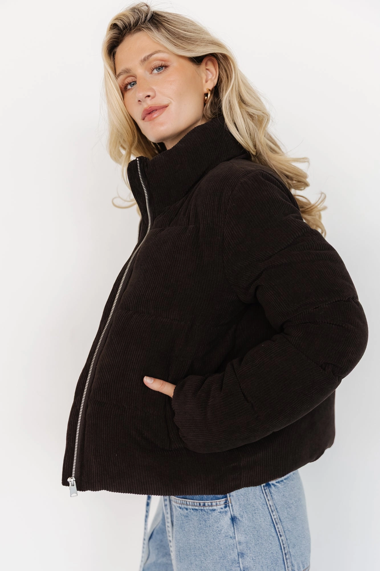 Holden Corduroy Puffer Jacket | Dark Brown Wrinkle Free Fabric Anti Pilling Surface