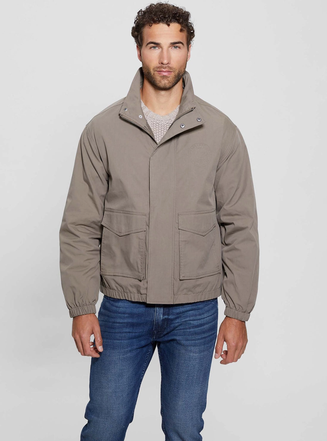 Brown Essential Utility Jacket RibbedKnitCollar All Season Adaptability