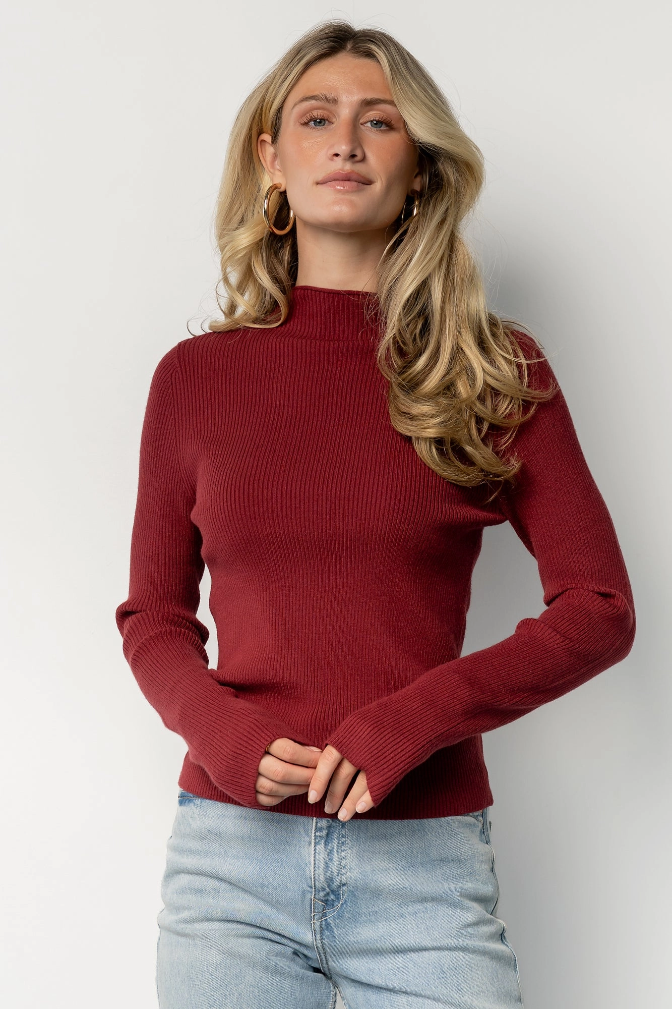 Ilsa Ribbed Sweater Top | Merlot Bias Cut Hem Details