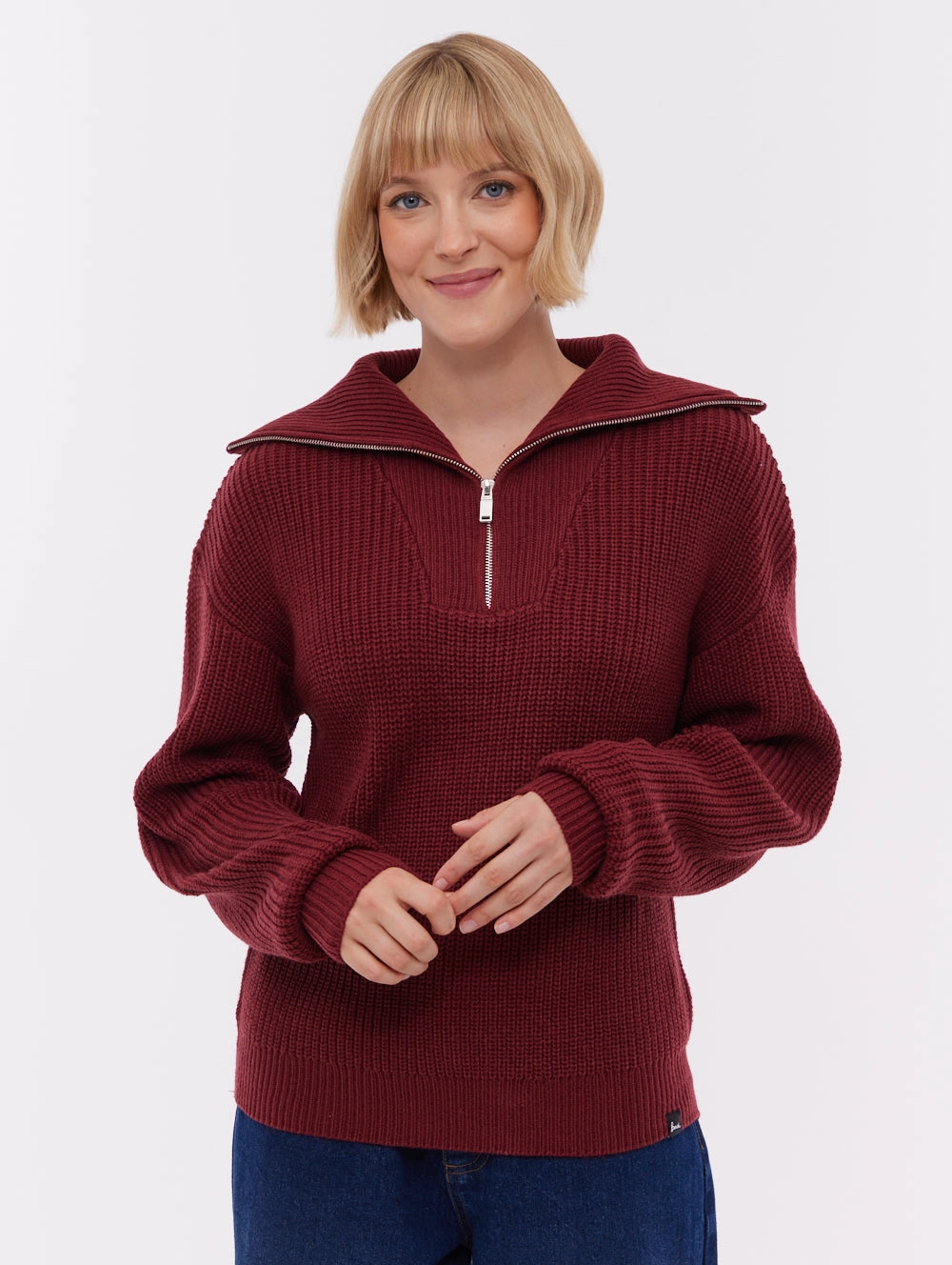Thurynn Oversize Zippered Funnel Sweater - Red RollUpCuff