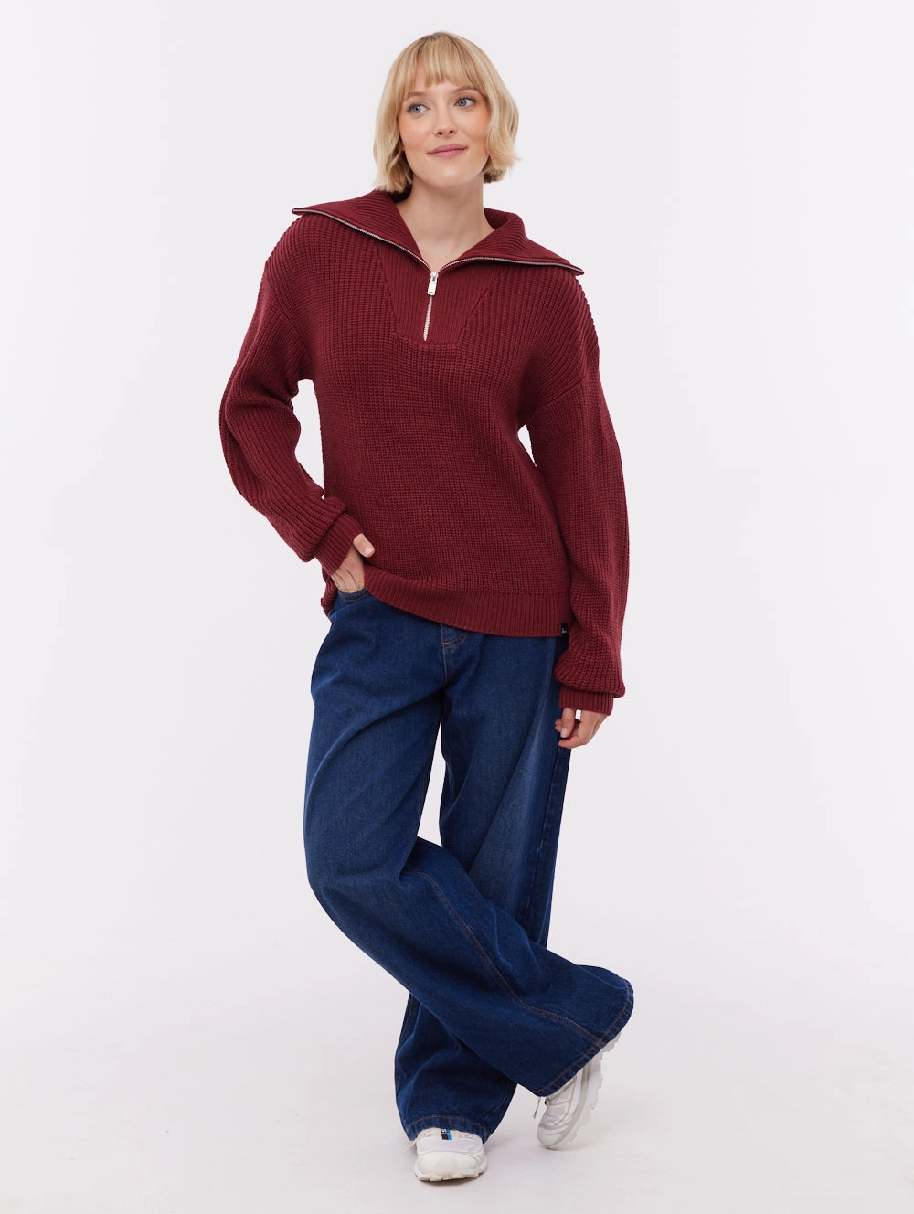 Hidden Zipper Pocket Thurynn Oversize Zippered Funnel Sweater - Red