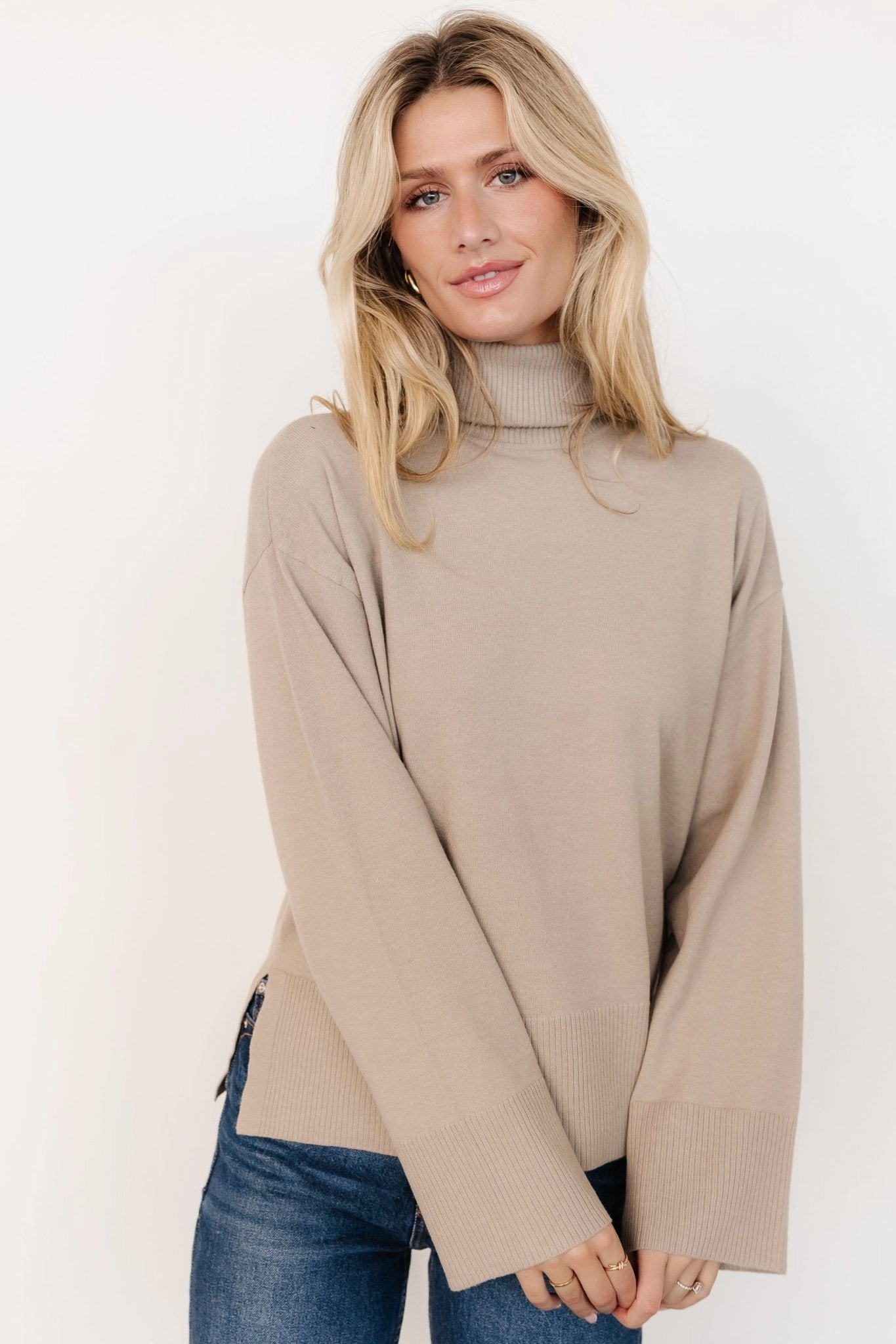 Snuggle Look Luxury Fiber Blend Irene Turtleneck Sweater Top | Stone