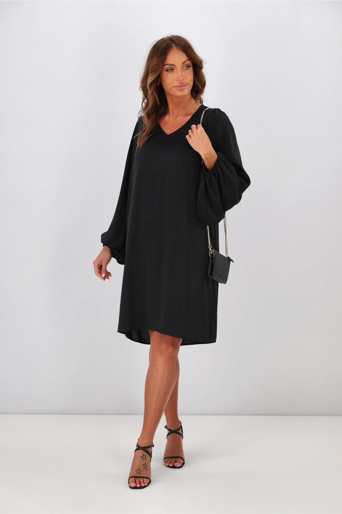 Jane James Claudette Balloon Sleeve Dress Black Warm Pink