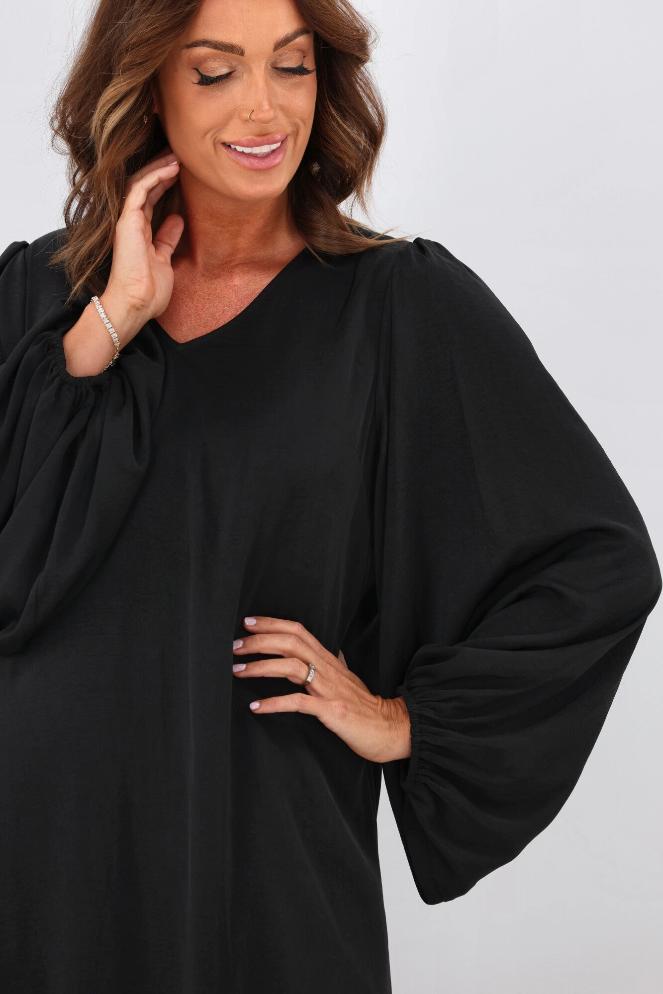 Jane James Claudette Balloon Sleeve Dress Black Eye Catching Comfort Waist Fit