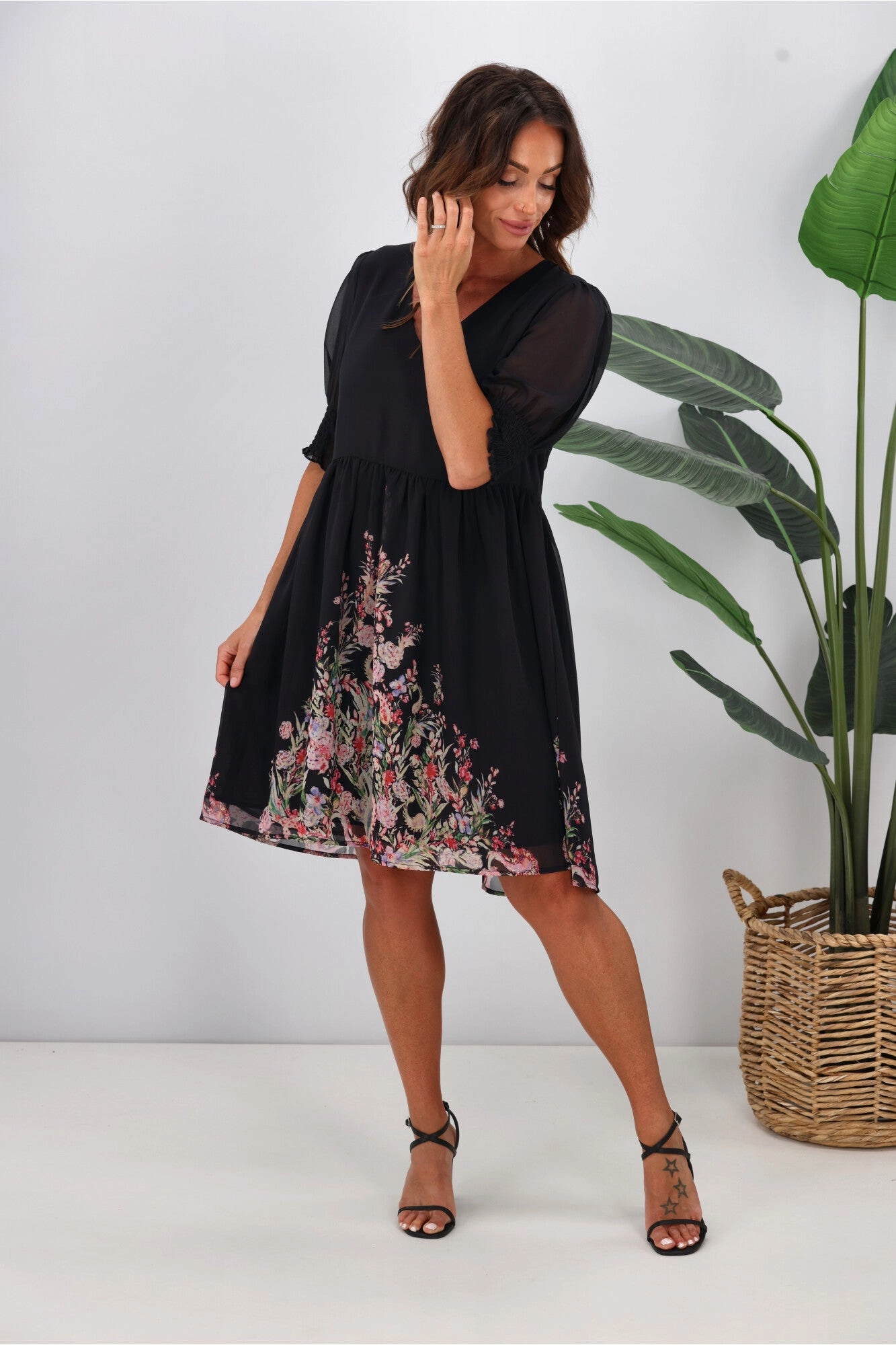 Jane James Juniper Balloon Sleeve Dress Midnight Border Print Playful Cut