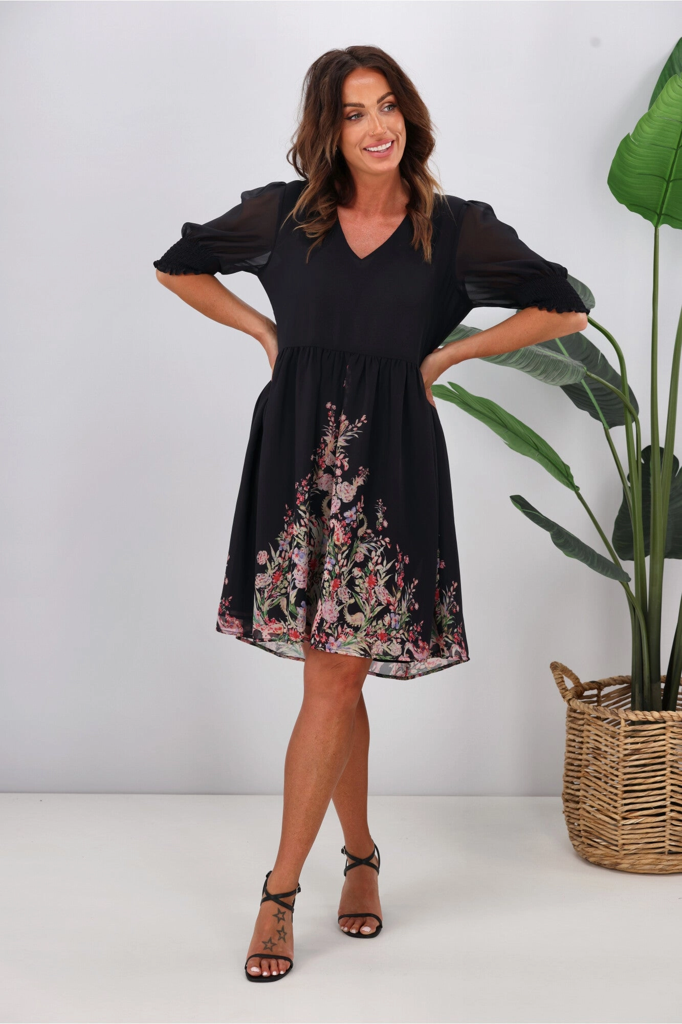 Jane James Juniper Balloon Sleeve Dress Midnight Border Print Elegance Glow