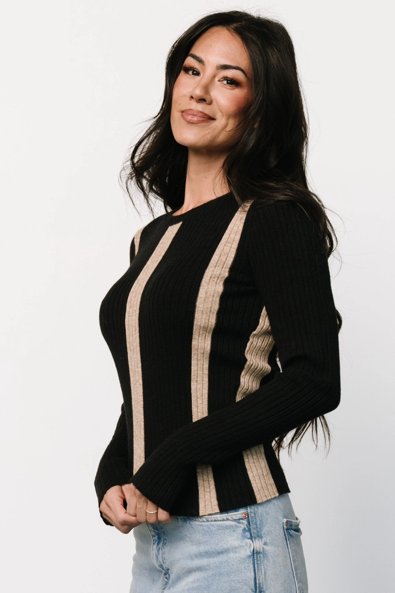Jolene Ribbed Sweater Top | Black   Tan Stripe Knit texture Non Restrictive Cut