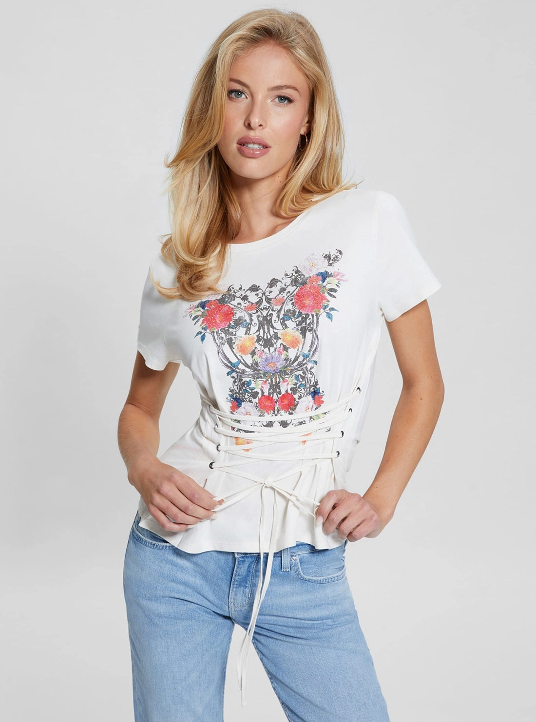 Gym Wear High Density Weave White Garden Glow Up Lace T-Shirt