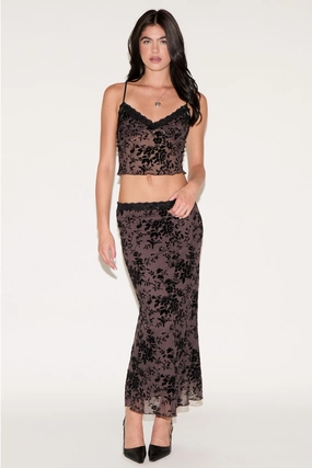 LACE EDGE FLORAL MESH SKIRT Slim Fit Band Mix Texture