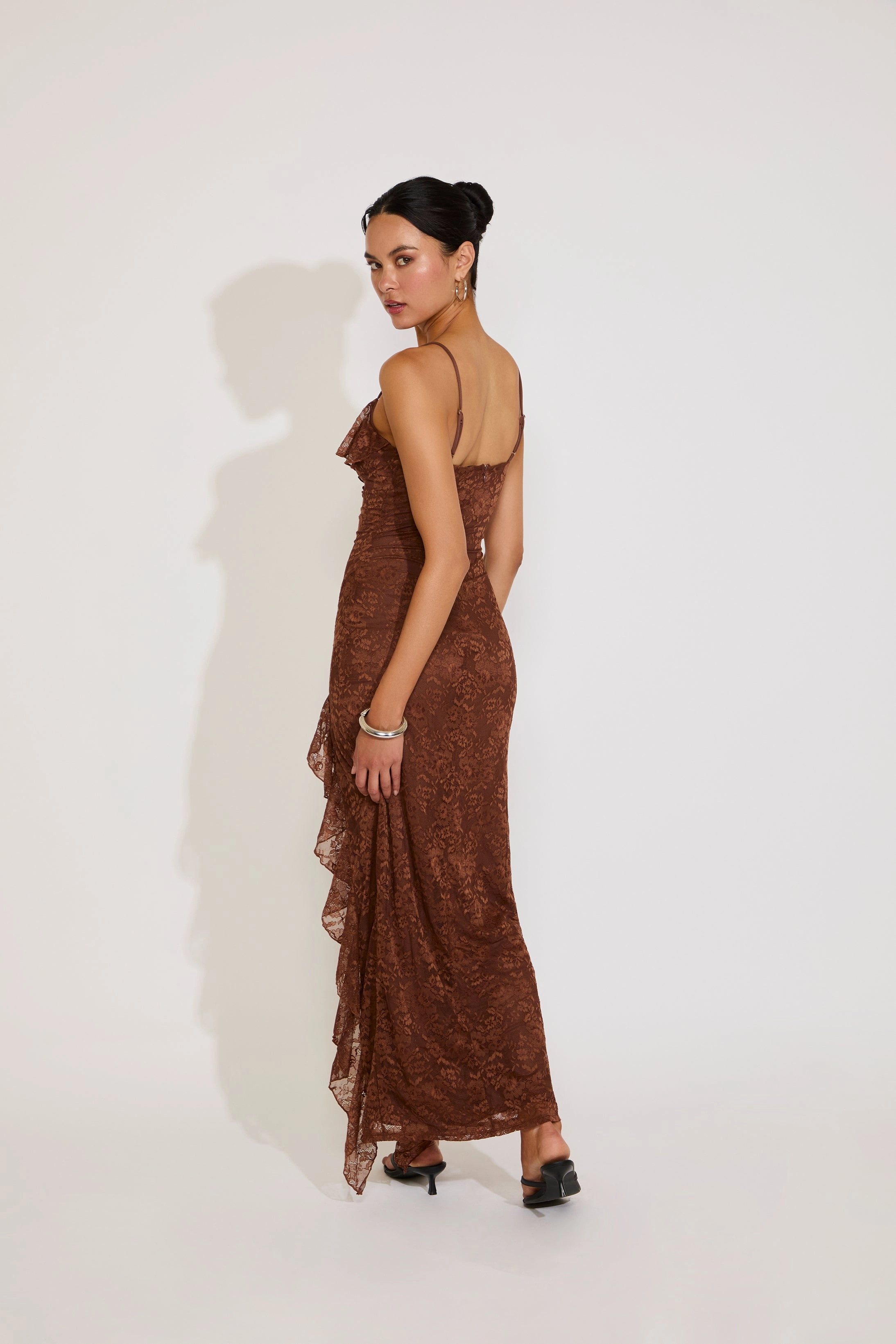 LACE OVERLAY FRONT SLIT RUFFLE DETAILS MAXI DRESS everyday elegance