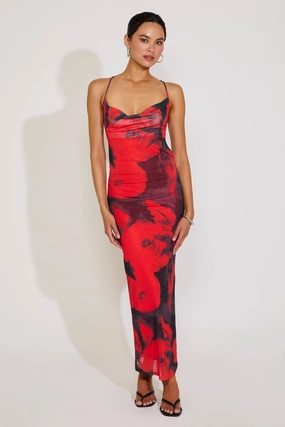 Charming Comfort Stylish Waistband Design LARGE ROSE PRINT CROSS BACK COWLED MAXI DRESS