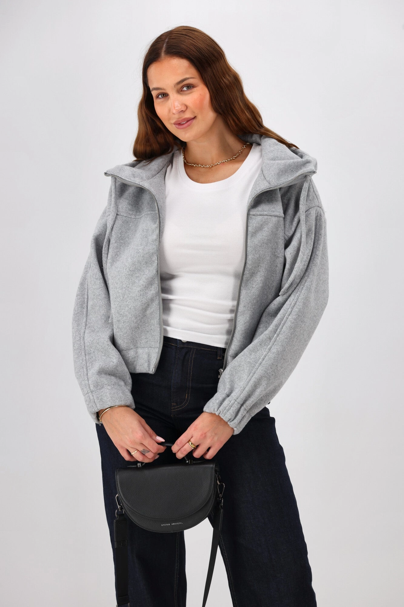 Shine On Label Metro Felt Hooded Bomber Jacket Grey Marl Windproof Inner Layer Convertible Collar