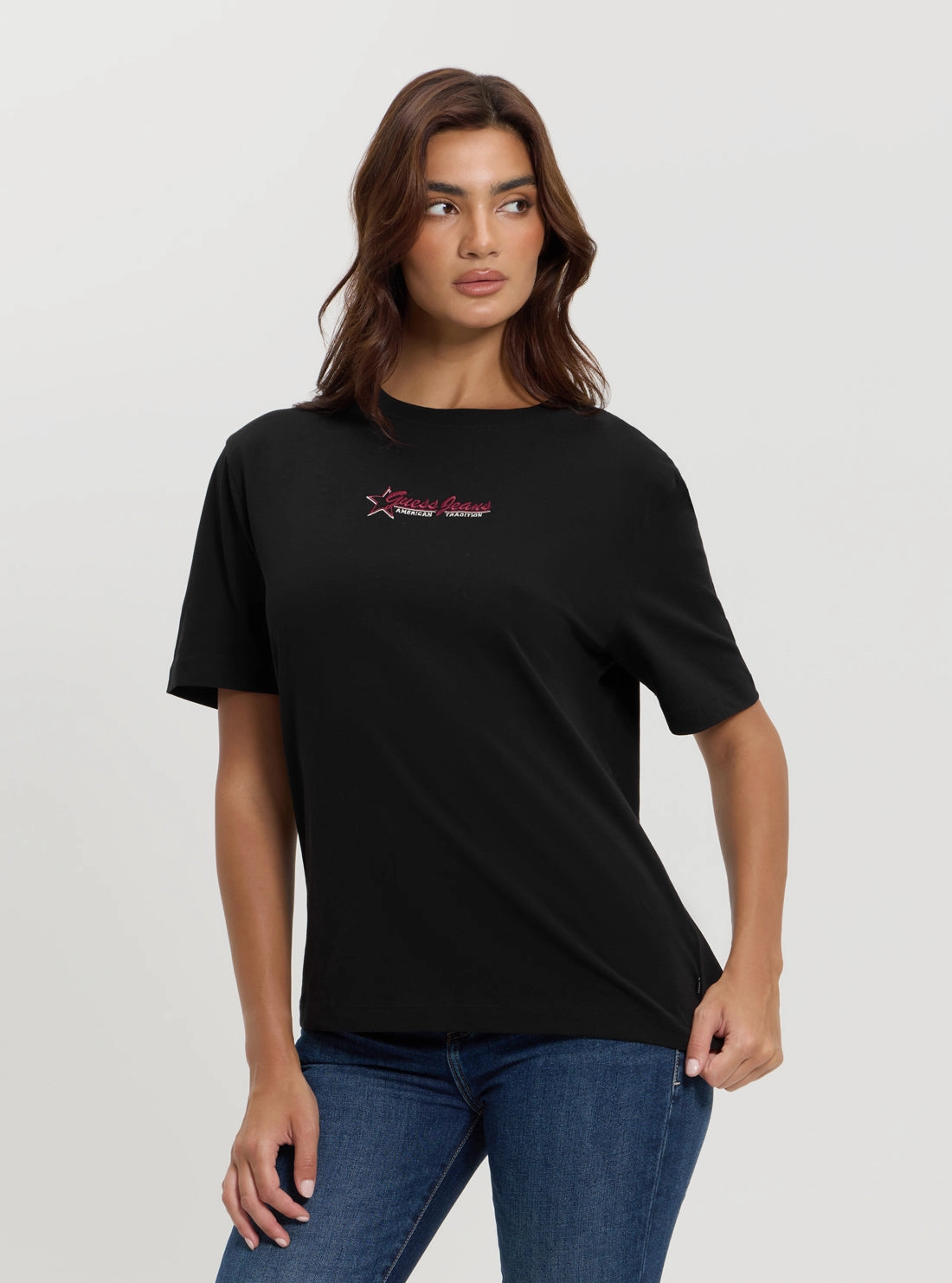 DurableDoubleLayeredHem Guess Jeans Black Print T-Shirt