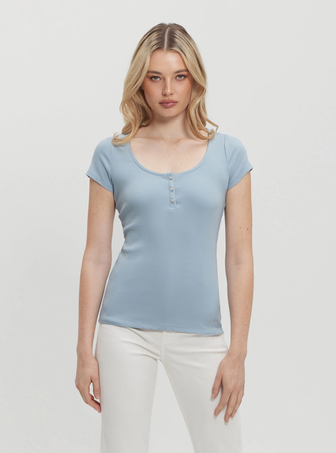 Interlock Stitching Eco Blue Karlee Jewel Henley T-Shirt