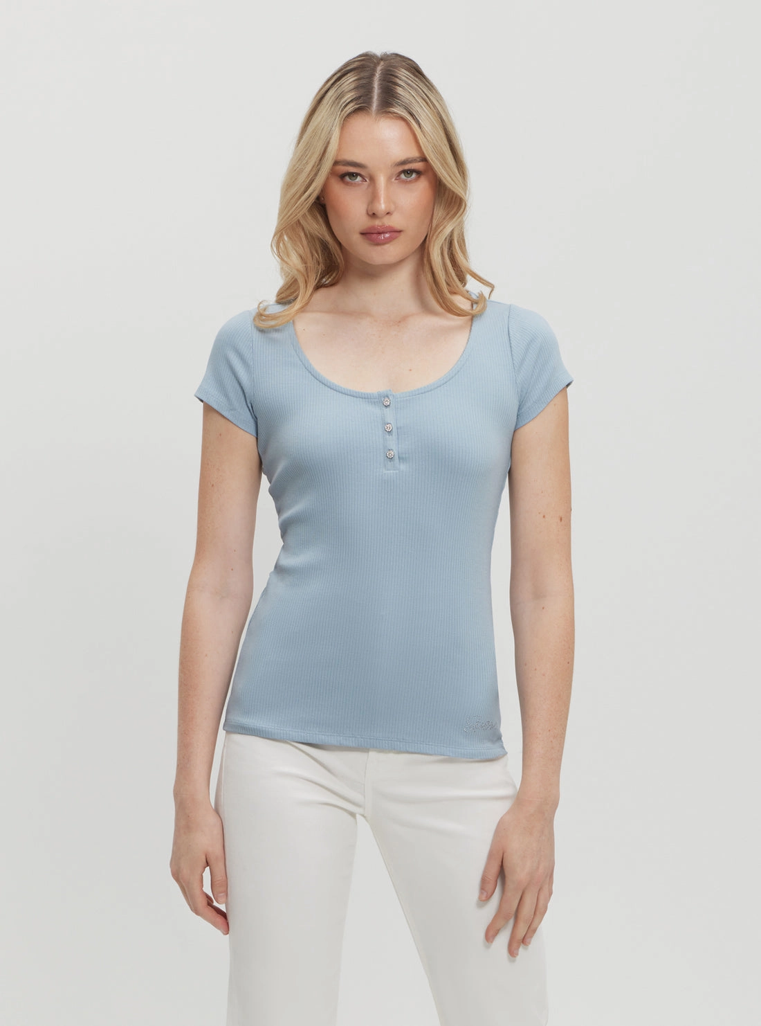 Eco Blue Karlee Jewel Henley T-Shirt FlexibleRibbing