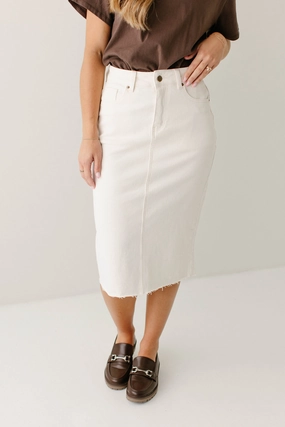 'Parker' High Waist Raw Edge Denim Skirt in Alabaster Winter Staple