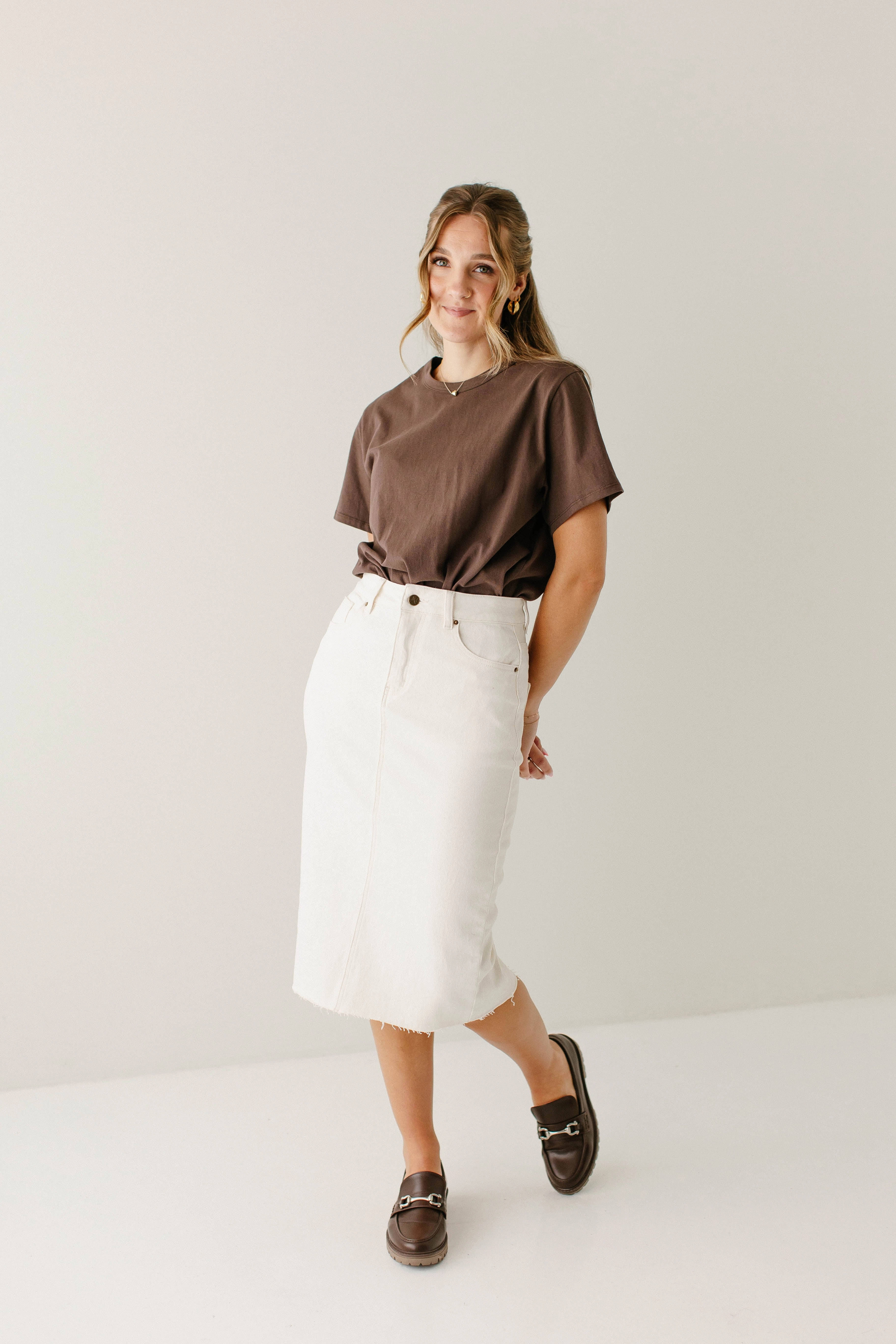 Soft Touch 'Parker' High Waist Raw Edge Denim Skirt in Alabaster